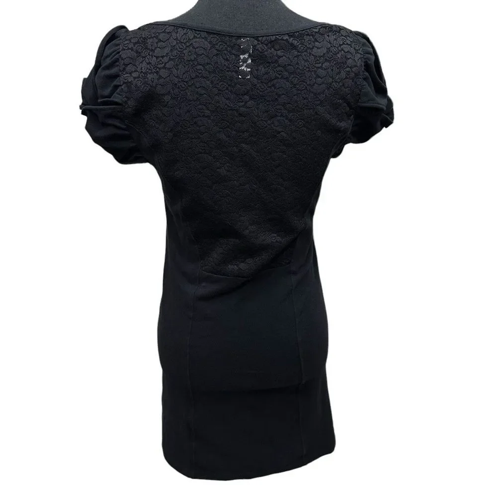 Free People Womens Cotton Floral Lace Puff Sleeve A-Line Dress Black‎ Size L